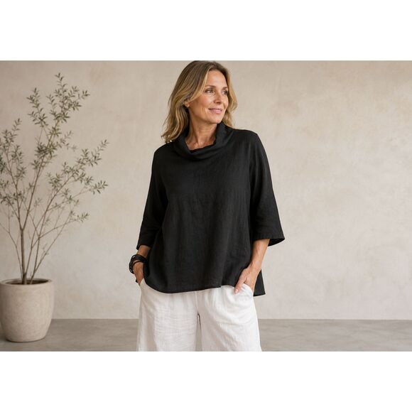 bryn Walker Tops - Bryn Walker XL Black 100% Linen Tunic Top Cowl Neck Made in USA Lagenlook Boho